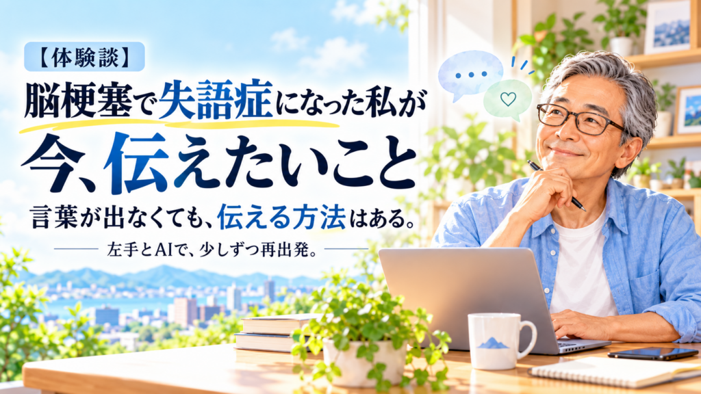脳梗塞で失語症になった私が、左手とAIを使いながら少しずつ再出発している様子を表したアイキャッチ画像