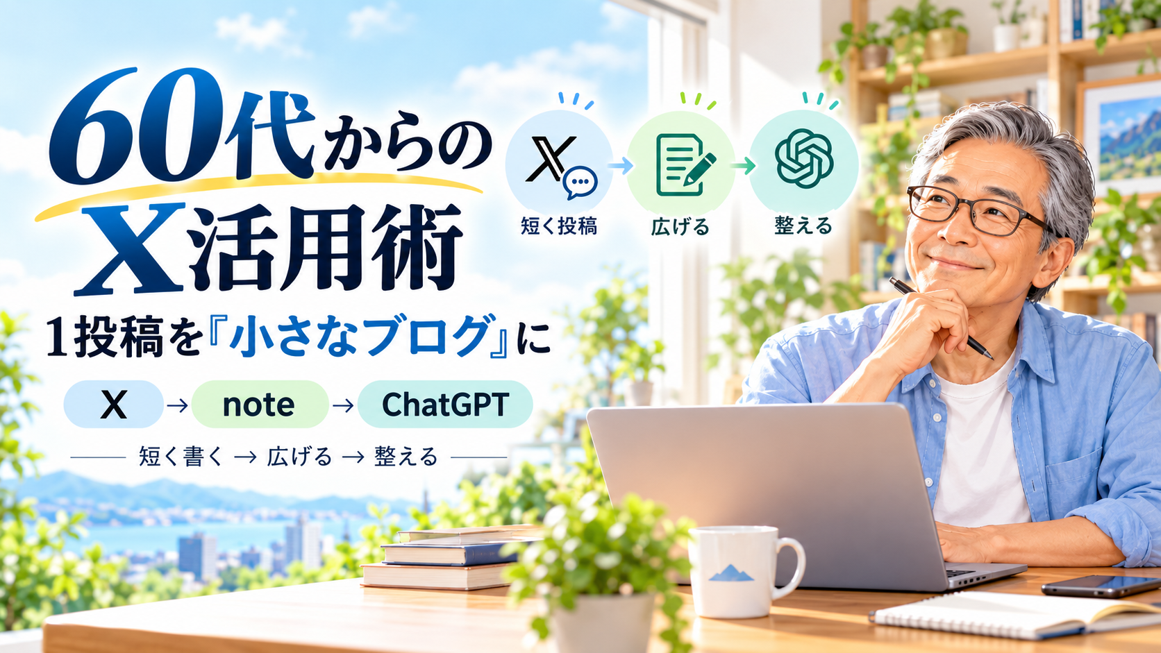60代からのX活用術として、X投稿を小さなブログにし、noteやChatGPTにつなげる流れを表したアイキャッチ画像