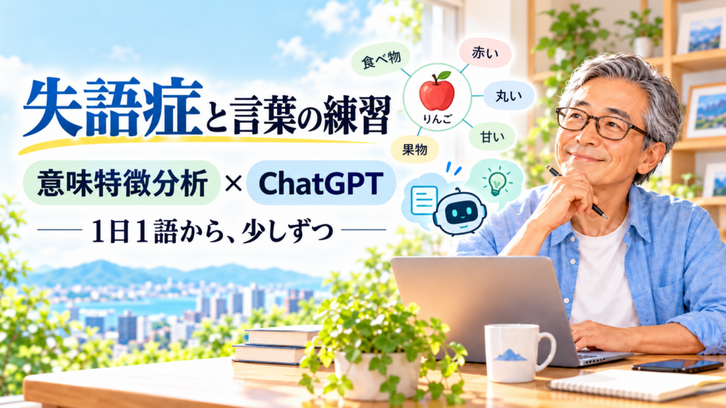 失語症と言葉の練習をテーマに、意味特徴分析とChatGPTを組み合わせた言葉の訓練を表現したアイキャッチ画像。明るい書斎で60代の男性がノートPCに向かい、りんごを中心に「赤い・丸い・甘い・果物・食べ物」などの言葉が配置されている。