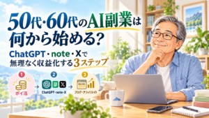 50代・60代のAI副業の始め方を、ポイ活・ChatGPTとnote・ブログとアフィリエイトの3ステップで紹介するアイキャッチ画像