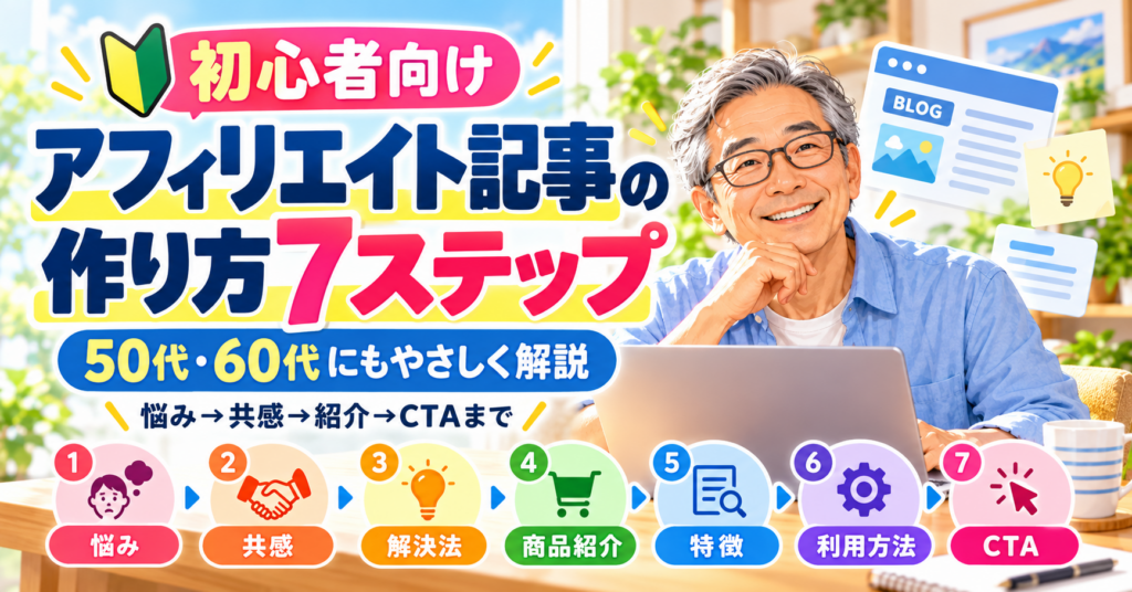 初心者向けにアフィリエイト記事の作り方7ステップを50代・60代向けに解説するアイキャッチ画像