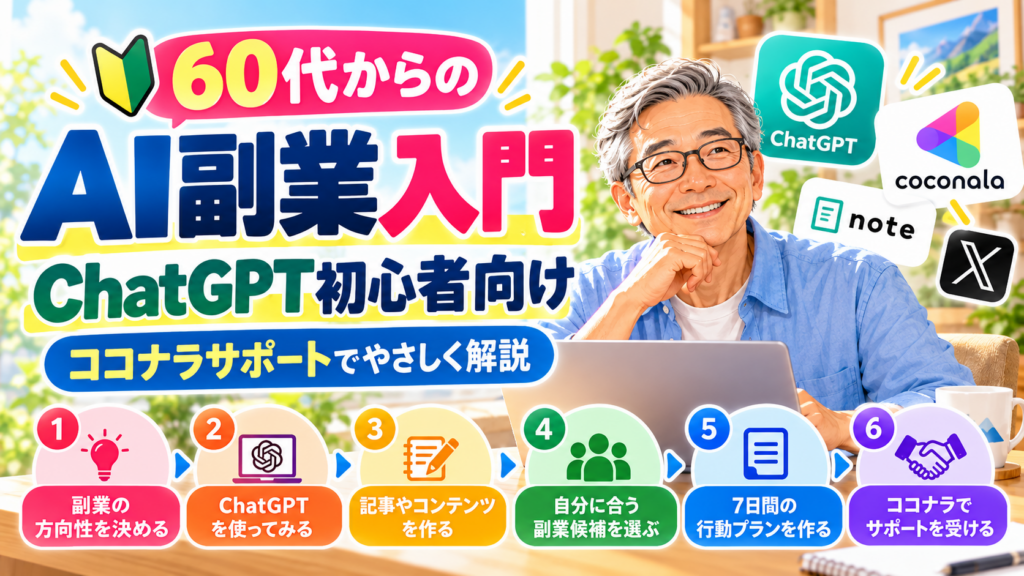 60代からのAI副業入門をChatGPT初心者向けに解説するココナラサポートのアイキャッチ画像
