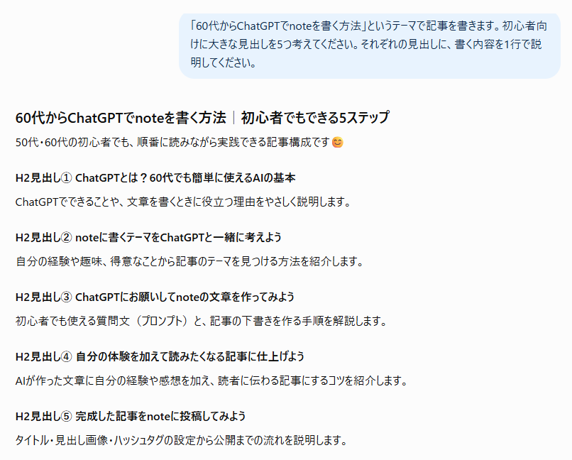 ChatGPTでnote記事の構成を作成し、5つの見出しと説明文を提案してもらった画面
