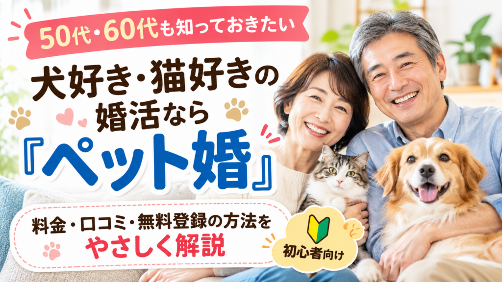犬好き・猫好きの婚活サービス「ペット婚」を紹介する50代・60代向けアイキャッチ画像